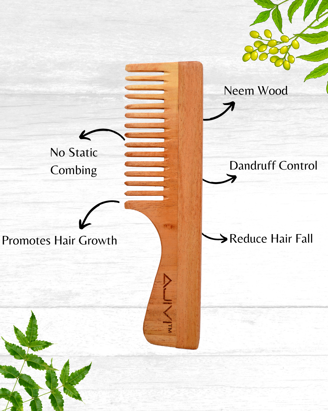 Oil Treated Neem Wood Comb with Handle