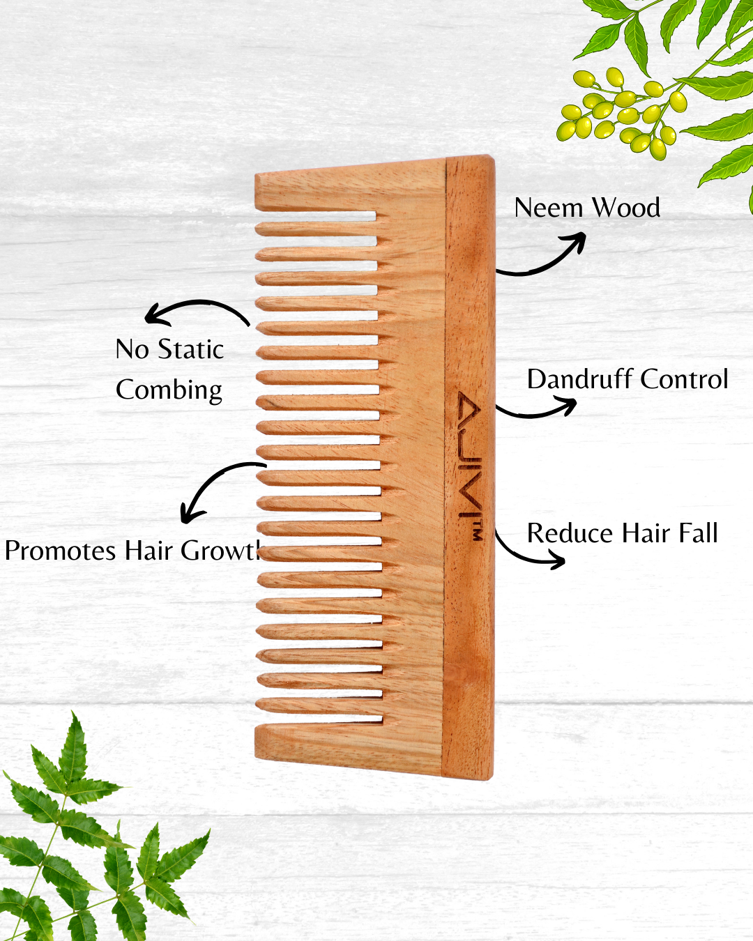 Oil Treated Neem Wood Comb with Wide Tooth