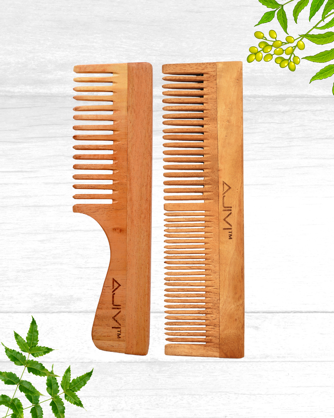2 in 1 Oil Treated Neem Wood Comb Set (Dual Tooth & Comb with Handle)