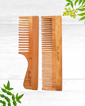 2 in 1 Oil Treated Neem Wood Comb Set  (Dual Tooth & Comb with Handle)