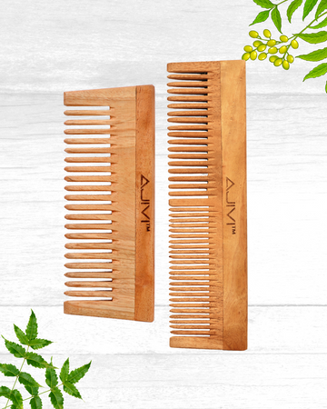 2 in 1 Oil Treated Neem Wood Comb Set (Dual Tooth & Shampoo Comb)